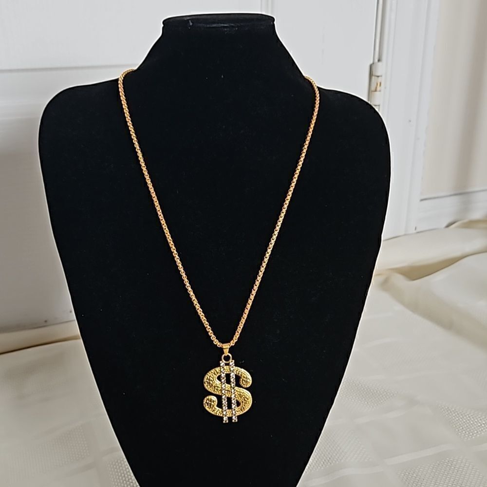 Men's Gold Plated Dollar Sign Pendant Chain 13"